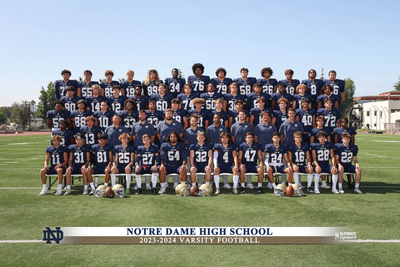 Notre Dame High School 2023-2024 varsity football team photo on field